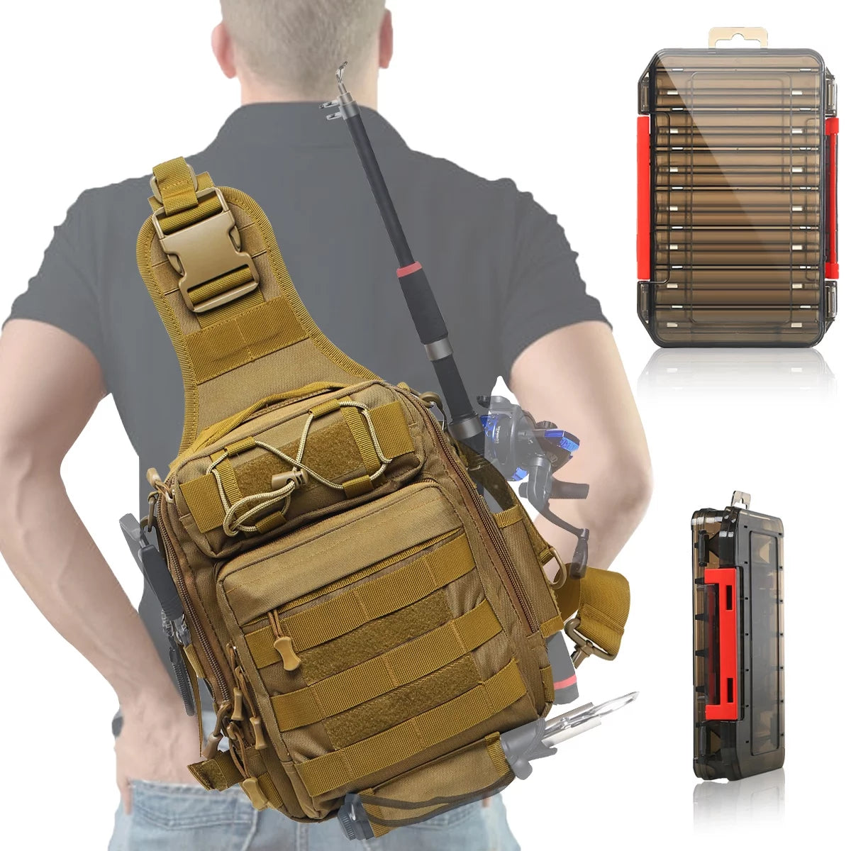 Compact Fishing Tackle Bag, Fishing Bag with Tackle Box and Rod Holder, Outdoor Sport Backpack