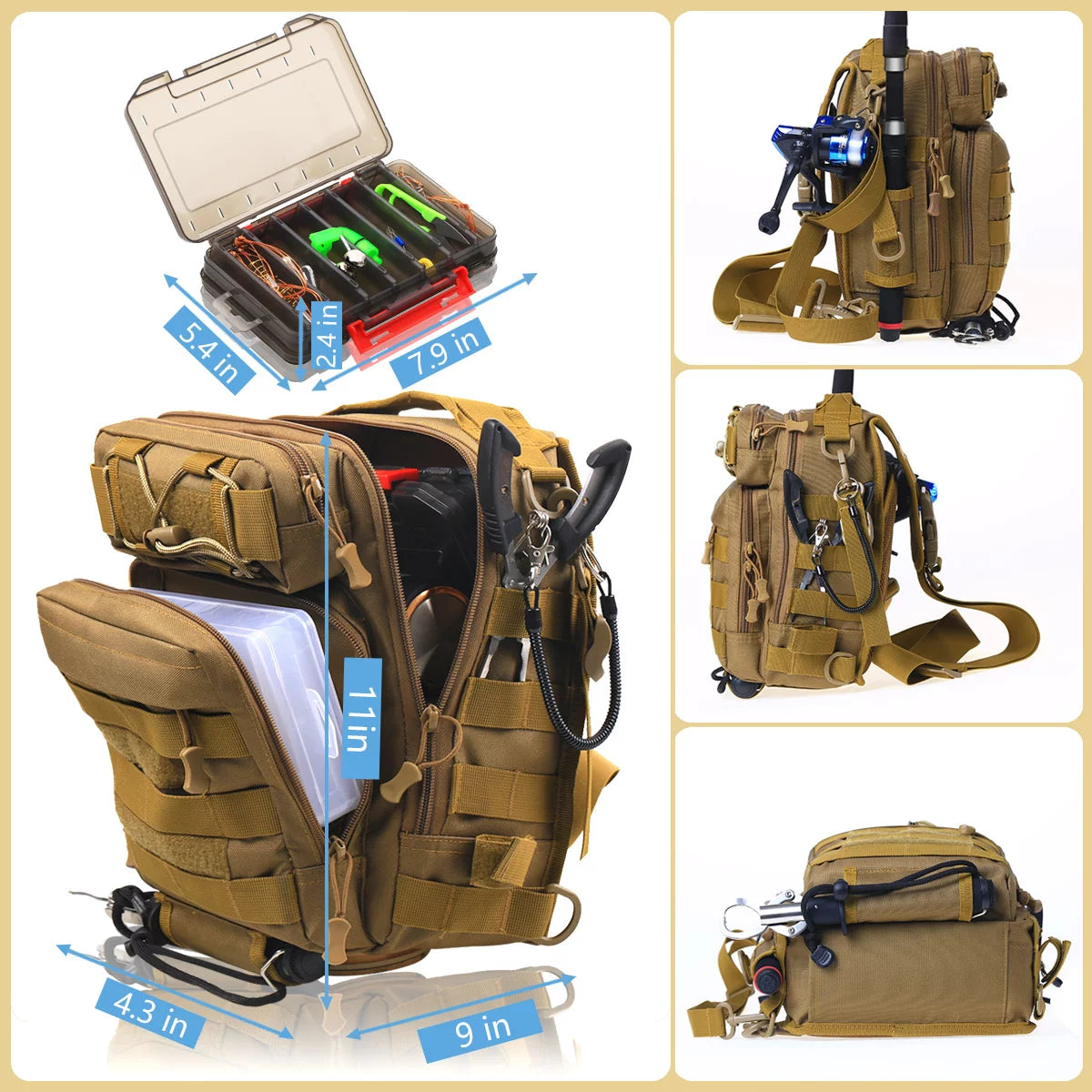 Compact Fishing Tackle Bag, Fishing Bag with Tackle Box and Rod Holder, Outdoor Sport Backpack